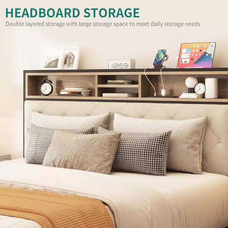 Modern Platform Bed Frame with Upholstered Storage Headboard and Footboard