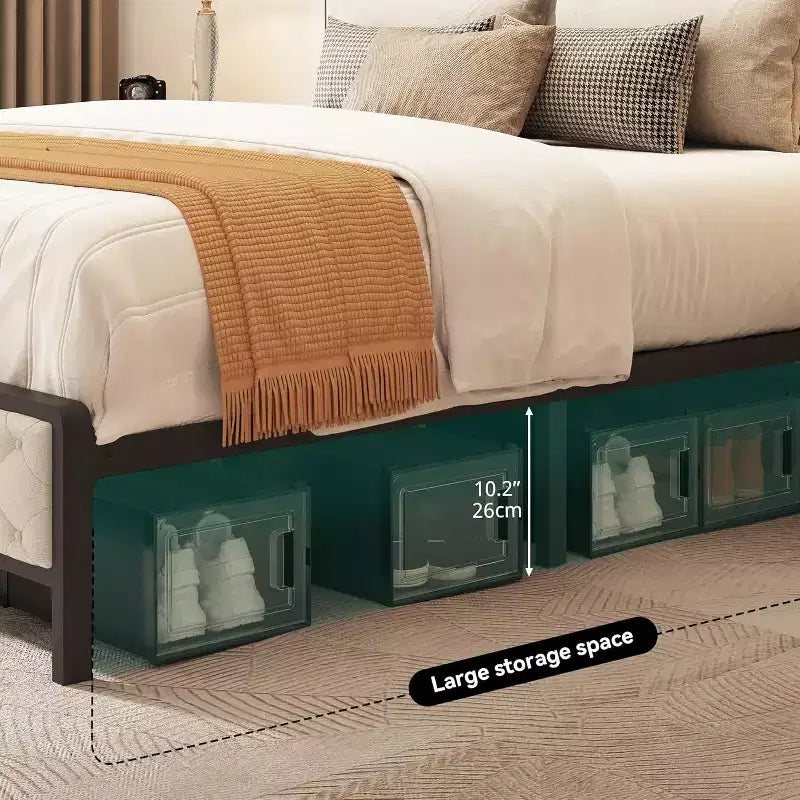 Modern Platform Bed Frame with Upholstered Storage Headboard and Footboard