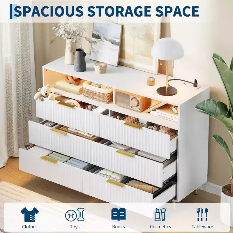 6 Drawers Dresser, 47.2 Wide Dressers with LED Lights and Charging Station, Curved Profile Design, Fluted Wood Drawers for Living Room, White
