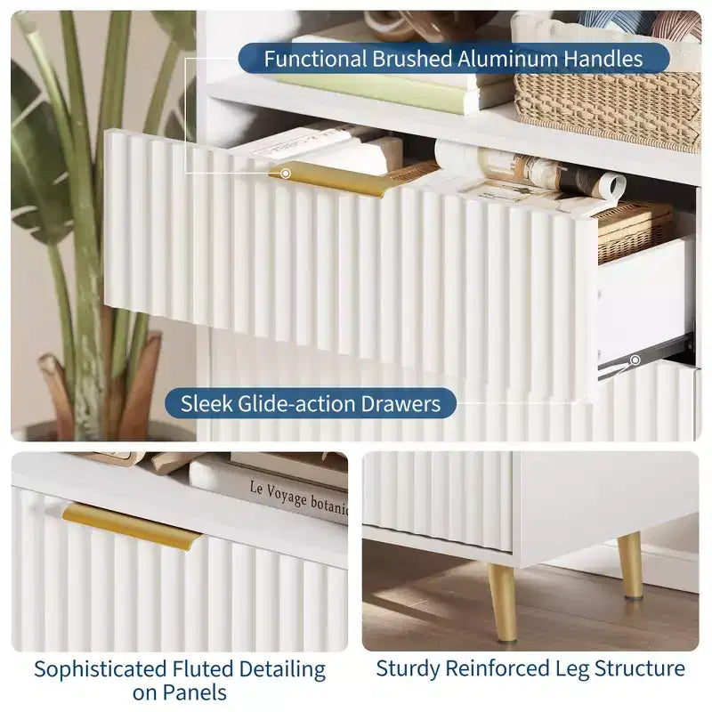 6 Drawers Dresser, 47.2 Wide Dressers with LED Lights and Charging Station, Curved Profile Design, Fluted Wood Drawers for Living Room, White