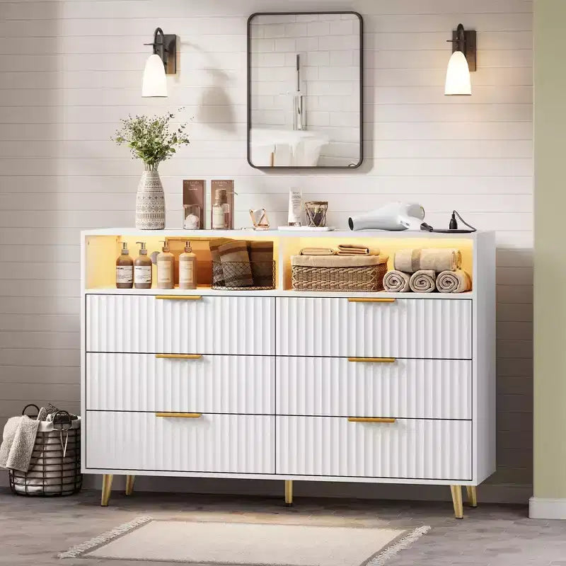 6 Drawers Dresser, 47.2 Wide Dressers with LED Lights and Charging Station, Curved Profile Design, Fluted Wood Drawers for Living Room, White