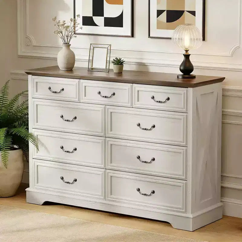9-Drawer Farmhouse Dresser, 52" Wide Rustic Chest with Wood Top, Ample Storage & Metal Handles, Bedroom Organizer & TV Stand