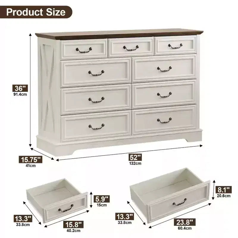 9-Drawer Farmhouse Dresser, 52" Wide Rustic Chest with Wood Top, Ample Storage & Metal Handles, Bedroom Organizer & TV Stand