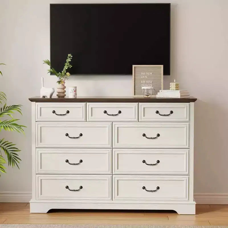 9-Drawer Farmhouse Dresser, 52" Wide Rustic Chest with Wood Top, Ample Storage & Metal Handles, Bedroom Organizer & TV Stand