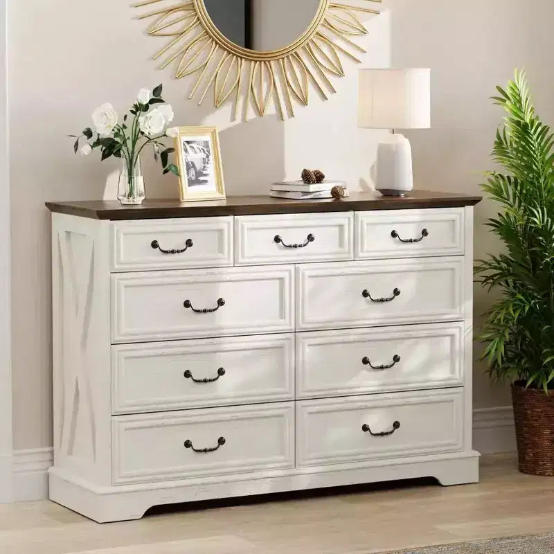 9-Drawer Farmhouse Dresser, 52" Wide Rustic Chest with Wood Top, Ample Storage & Metal Handles, Bedroom Organizer & TV Stand
