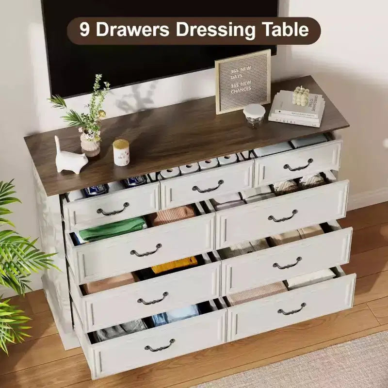 9-Drawer Farmhouse Dresser, 52" Wide Rustic Chest with Wood Top, Ample Storage & Metal Handles, Bedroom Organizer & TV Stand