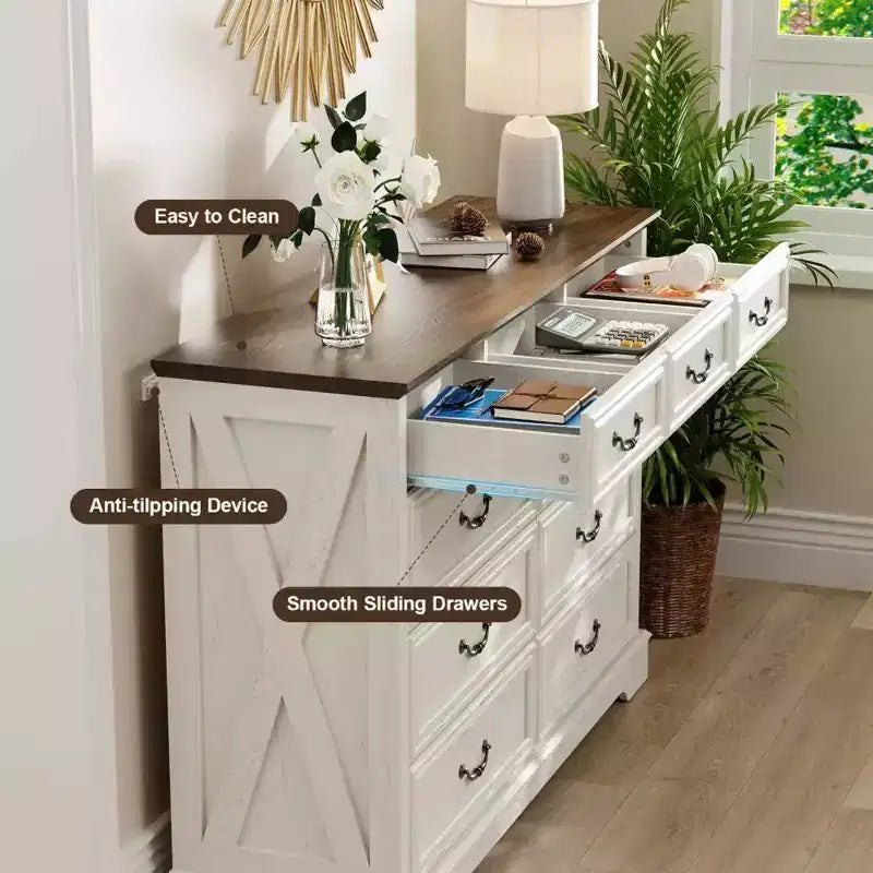 9-Drawer Farmhouse Dresser, 52" Wide Rustic Chest with Wood Top, Ample Storage & Metal Handles, Bedroom Organizer & TV Stand