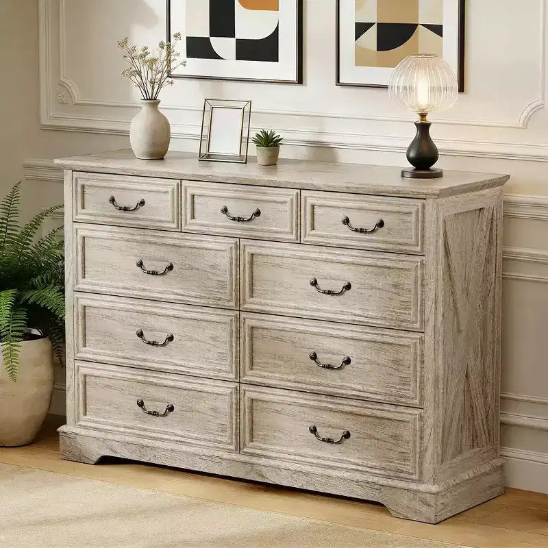 9-Drawer Farmhouse Dresser, 52" Wide Rustic Chest with Wood Top, Ample Storage & Metal Handles, Bedroom Organizer & TV Stand