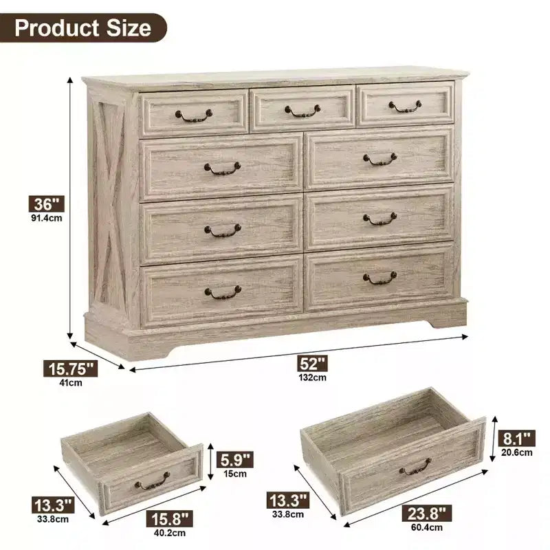 9-Drawer Farmhouse Dresser, 52" Wide Rustic Chest with Wood Top, Ample Storage & Metal Handles, Bedroom Organizer & TV Stand