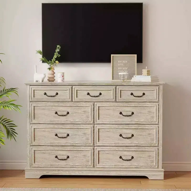 9-Drawer Farmhouse Dresser, 52" Wide Rustic Chest with Wood Top, Ample Storage & Metal Handles, Bedroom Organizer & TV Stand