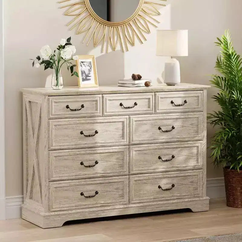 9-Drawer Farmhouse Dresser, 52" Wide Rustic Chest with Wood Top, Ample Storage & Metal Handles, Bedroom Organizer & TV Stand