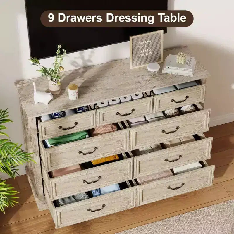 9-Drawer Farmhouse Dresser, 52" Wide Rustic Chest with Wood Top, Ample Storage & Metal Handles, Bedroom Organizer & TV Stand