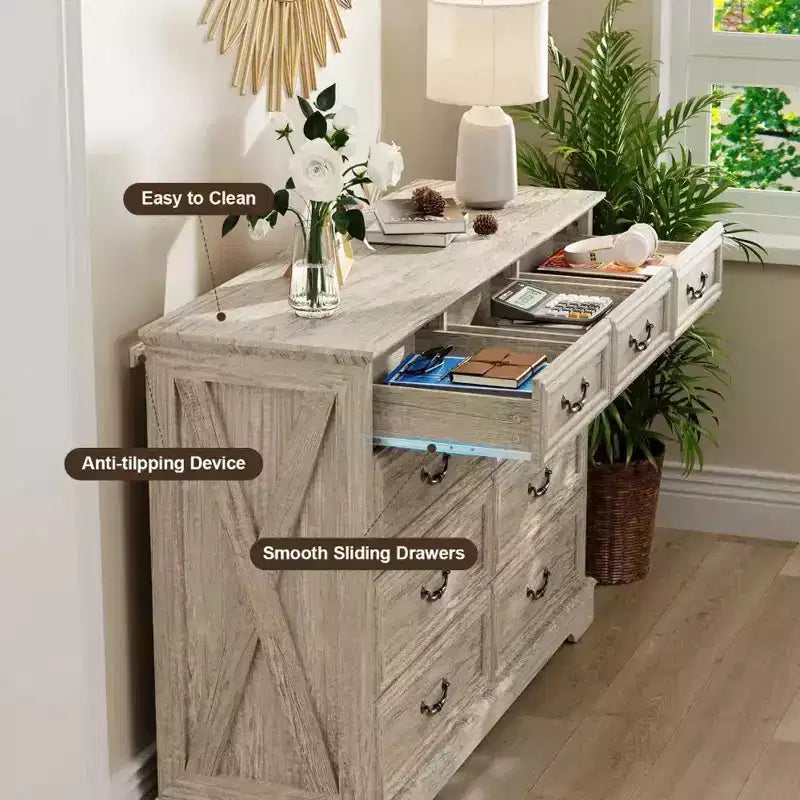 9-Drawer Farmhouse Dresser, 52" Wide Rustic Chest with Wood Top, Ample Storage & Metal Handles, Bedroom Organizer & TV Stand