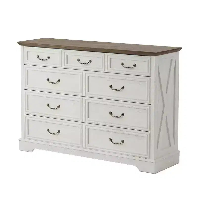 9-Drawer Farmhouse Dresser, 52" Wide Rustic Chest with Wood Top, Ample Storage & Metal Handles, Bedroom Organizer & TV Stand