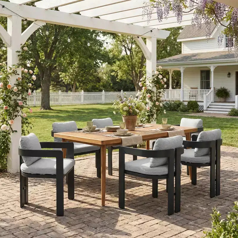 ModernLuxe 7-teiliges Esszimmer-Set für 6 Personen im Außenbereich, Gartenmöbel-Set mit Gartentisch und 6 Stühlen mit Auflagen und wetterbeständigem Gestell