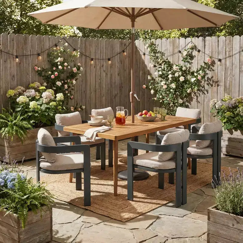 ModernLuxe 7-teiliges Esszimmer-Set für 6 Personen im Außenbereich, Gartenmöbel-Set mit Gartentisch und 6 Stühlen mit Auflagen und wetterbeständigem Gestell