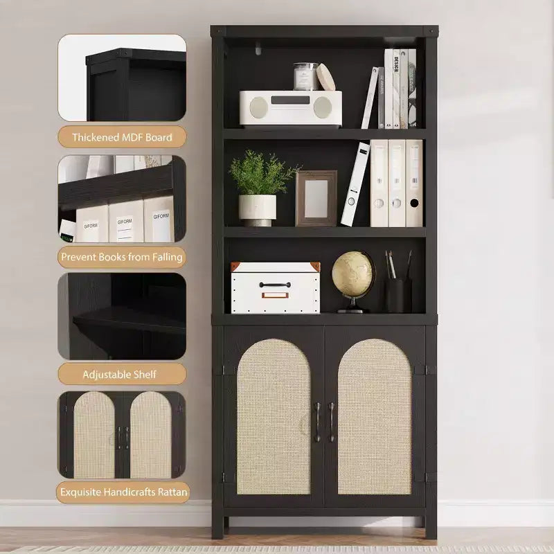 Farmhouse Bookshelves and Bookshelves with Door, 70 High Bookshelves with Three Levels of Open Storage, for Home, Office, Living Room, 2pcs, Black