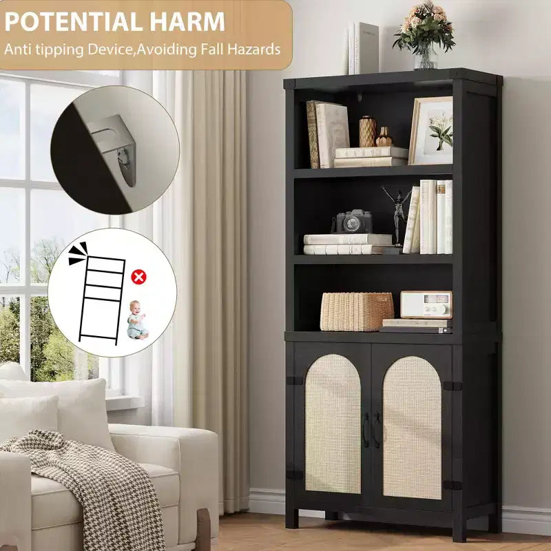 Farmhouse Bookshelves and Bookshelves with Door, 70 High Bookshelves with Three Levels of Open Storage, for Home, Office, Living Room, 2pcs, Black