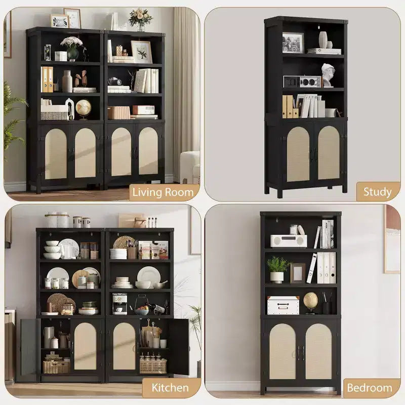 Farmhouse Bookshelves and Bookshelves with Door, 70 High Bookshelves with Three Levels of Open Storage, for Home, Office, Living Room, 2pcs, Black