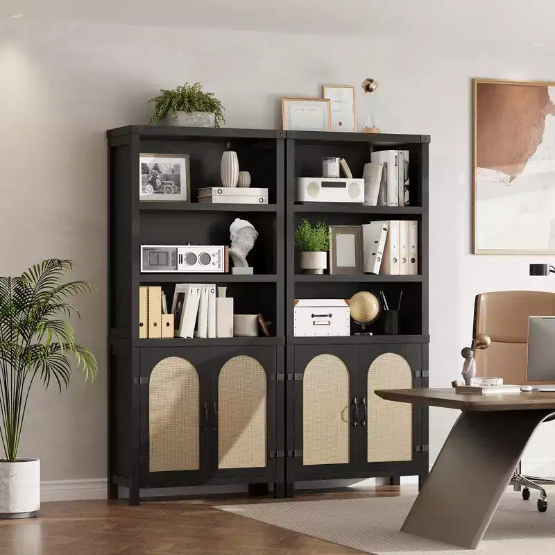 Farmhouse Bookshelves and Bookshelves with Door, 70 High Bookshelves with Three Levels of Open Storage, for Home, Office, Living Room, 2pcs, Black