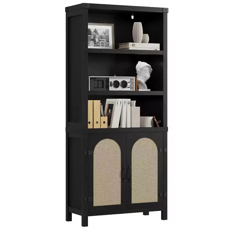 Farmhouse Bookshelves and Bookshelves with Door, 70 High Bookshelves with Three Levels of Open Storage, for Home, Office, Living Room, 2pcs, Black