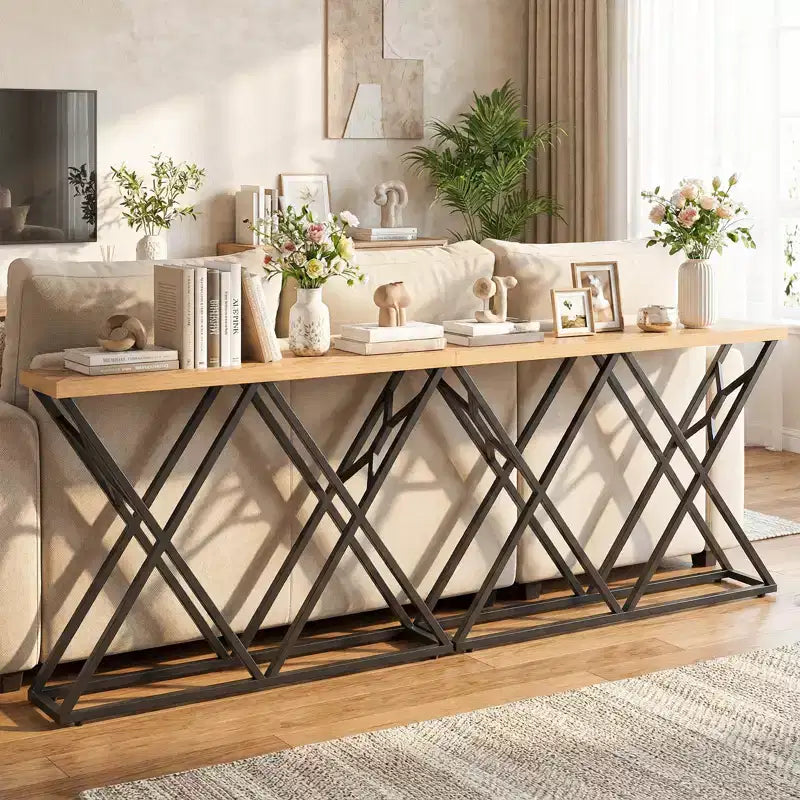 55" Industrial Console Table with Solid Metal Frame & Storage, Rustic Sofa Table