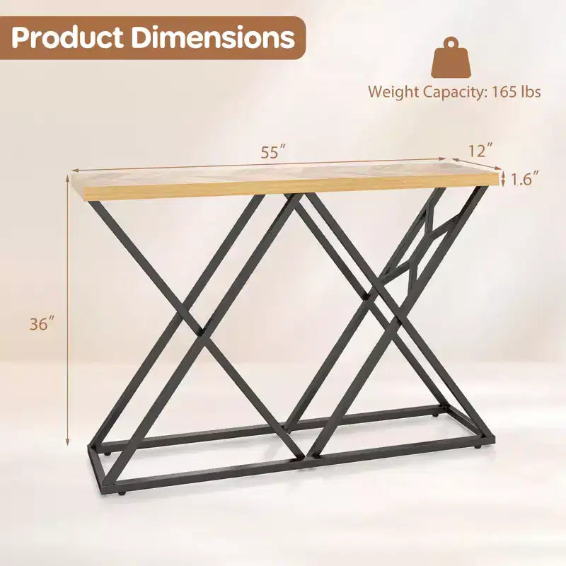 55" Industrial Console Table with Solid Metal Frame & Storage, Rustic Sofa Table