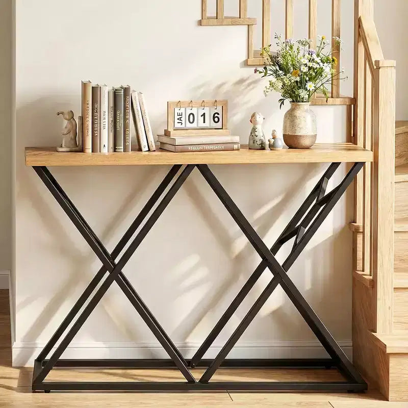 55" Industrial Console Table with Solid Metal Frame & Storage, Rustic Sofa Table