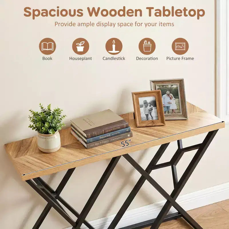 55" Industrial Console Table with Solid Metal Frame & Storage, Rustic Sofa Table