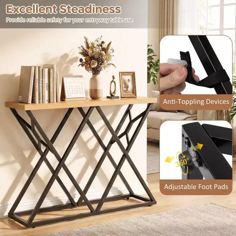 55" Industrial Console Table with Solid Metal Frame & Storage, Rustic Sofa Table