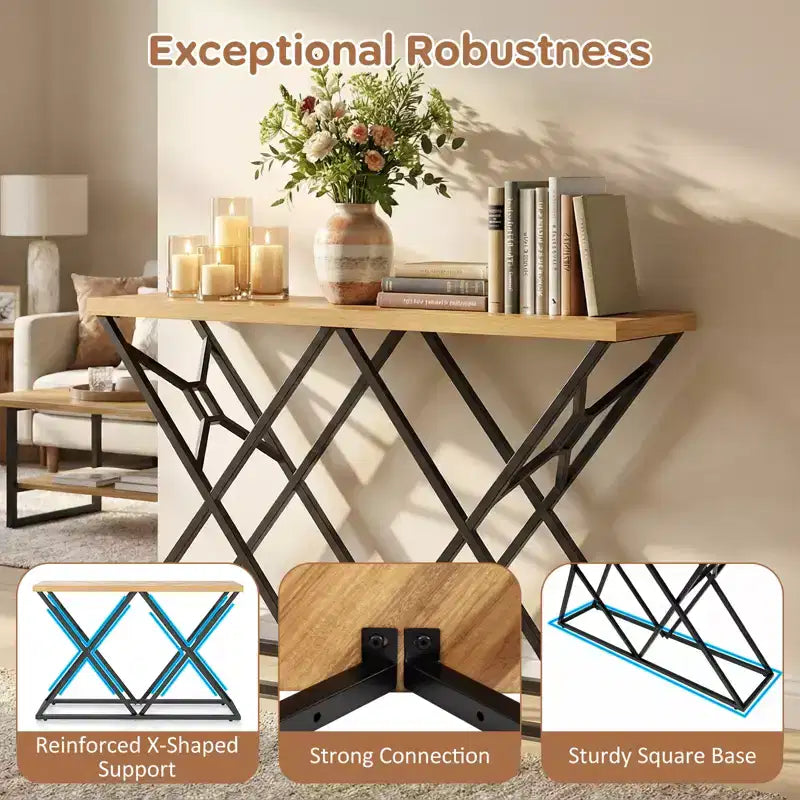 55" Industrial Console Table with Solid Metal Frame & Storage, Rustic Sofa Table