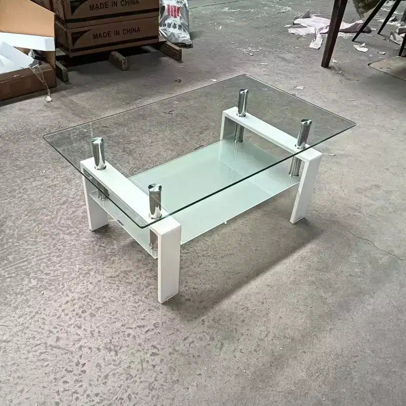 Tempered Clear Glass Coffee Table, 2-Layers Living Room Center Table
