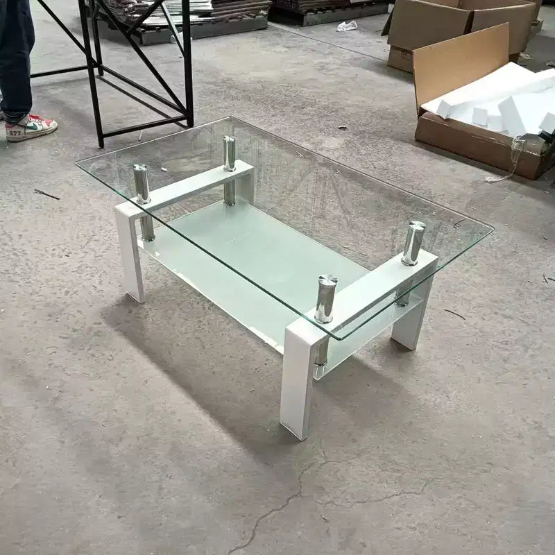 Tempered Clear Glass Coffee Table, 2-Layers Living Room Center Table