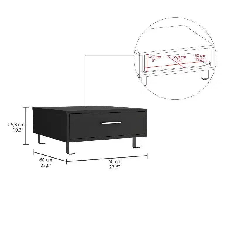Square Coffee Table with Drawer, Four Legs - Black