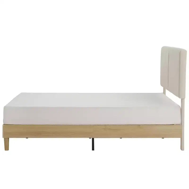 VECELO 3-częściowy zestaw z tapicerowanym łóżkiem i szafkami nocnymi, rama łóżka z jasnobeżowej tkaniny z 2 szafkami nocnymi z miejscem do przechowywania