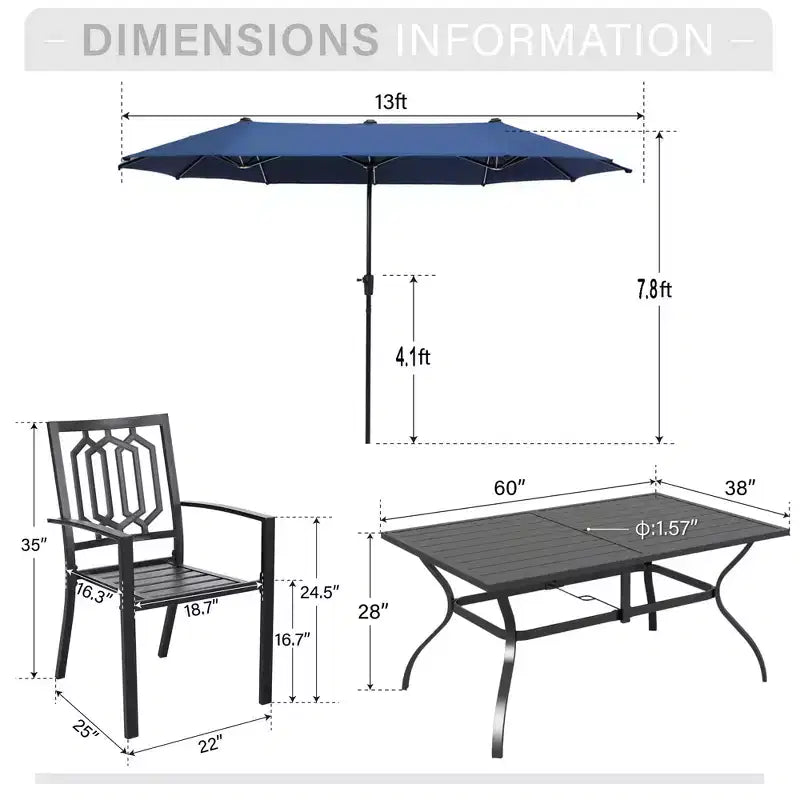 Captiva Designs 8-delars rektangulärt matbord i stål med ribbad skiva för utomhusbruk, stapelbara metallstolar och blått parasoll på 13 ft