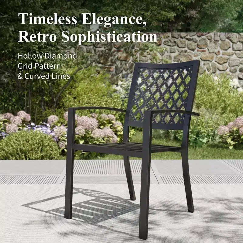 Captiva Designs 8-delars rektangulärt matbord i stål med ribbad skiva för utomhusbruk, stapelbara metallstolar och blått parasoll på 13 ft
