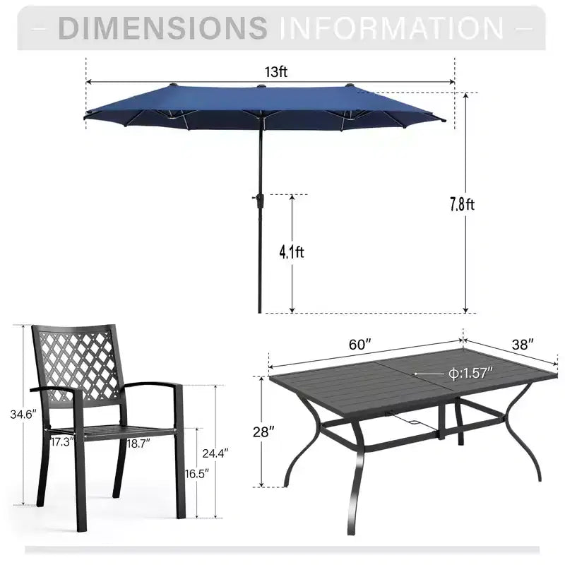 Captiva Designs 8-delars rektangulärt matbord i stål med ribbad skiva för utomhusbruk, stapelbara metallstolar och blått parasoll på 13 ft