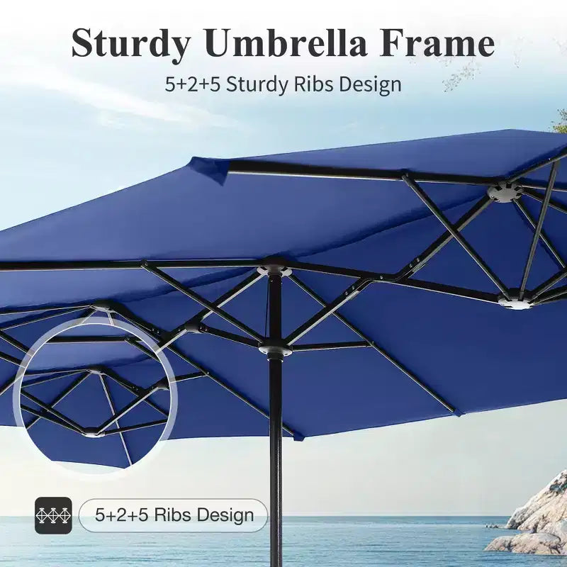 Captiva Designs 8-delars rektangulärt matbord i stål med ribbad skiva för utomhusbruk, stapelbara metallstolar och blått parasoll på 13 ft