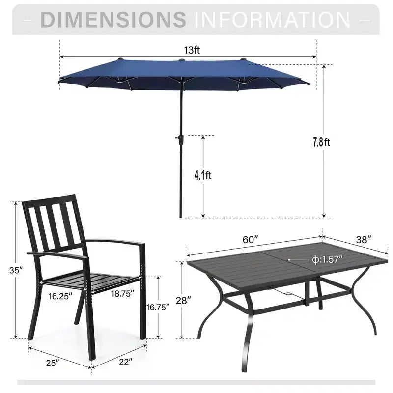 Captiva Designs 8-delars rektangulärt matbord i stål med ribbad skiva för utomhusbruk, stapelbara metallstolar och blått parasoll på 13 ft