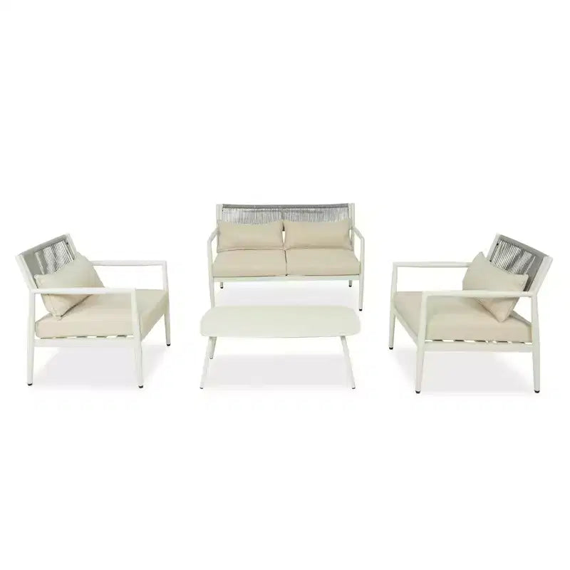 GDFStudio Oscar Modern Outdoor 4-Seat Metal Frame Conversation Set with Thick Cushions and Rope Woven Design