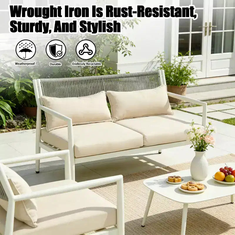 GDFStudio Oscar Modern Outdoor 4-Seat Metal Frame Conversation Set with Thick Cushions and Rope Woven Design