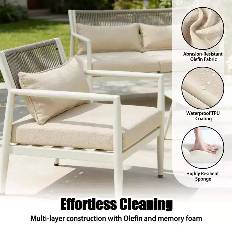 GDFStudio Oscar Modern Outdoor 4-Seat Metal Frame Conversation Set with Thick Cushions and Rope Woven Design