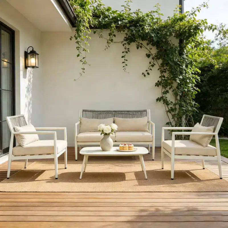 GDFStudio Oscar Modern Outdoor 4-Seat Metal Frame Conversation Set with Thick Cushions and Rope Woven Design