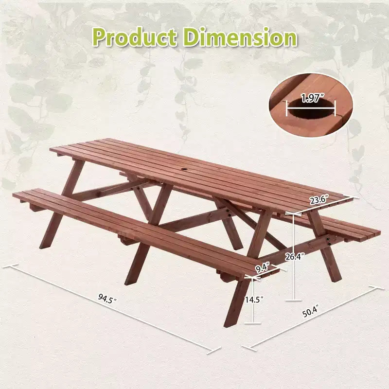 Set da picnic da esterno Everfield di GDFStudio da 95 pollici in legno, con panche integrate e foro per ombrellone