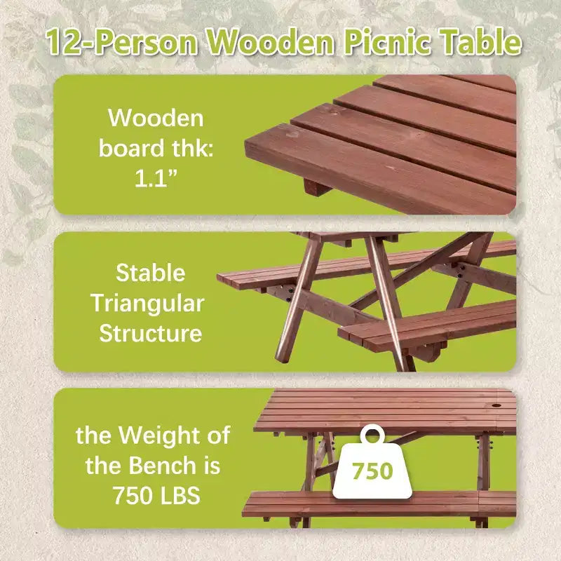Set da picnic da esterno Everfield di GDFStudio da 95 pollici in legno, con panche integrate e foro per ombrellone