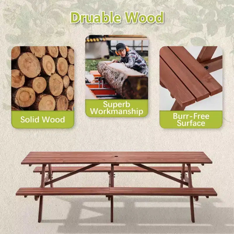 Set da picnic da esterno Everfield di GDFStudio da 95 pollici in legno, con panche integrate e foro per ombrellone