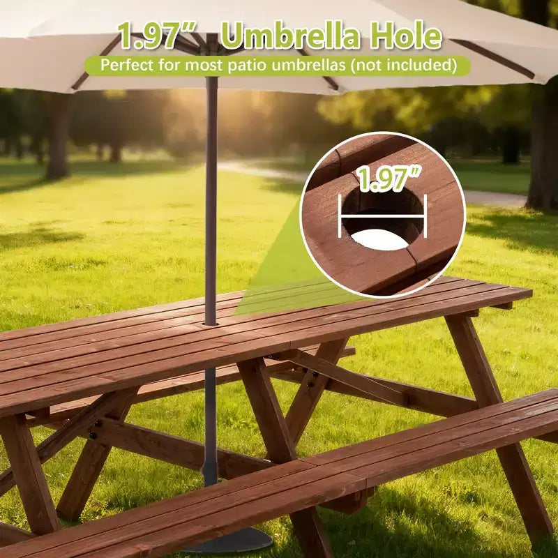 Set da picnic da esterno Everfield di GDFStudio da 95 pollici in legno, con panche integrate e foro per ombrellone