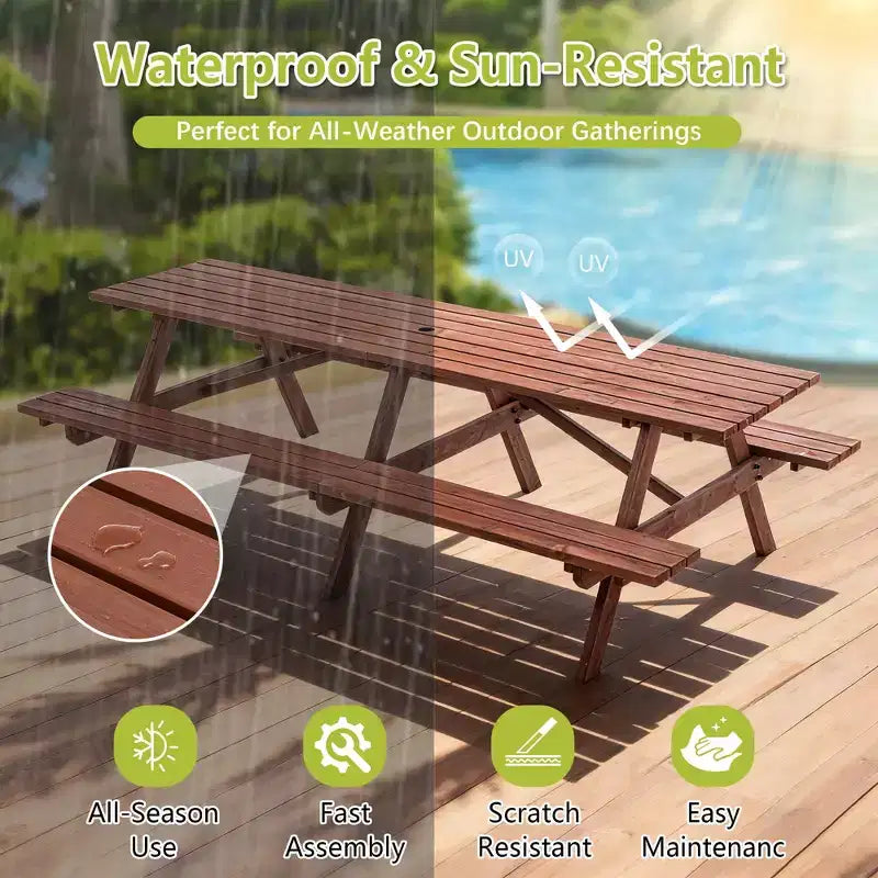 Set da picnic da esterno Everfield di GDFStudio da 95 pollici in legno, con panche integrate e foro per ombrellone