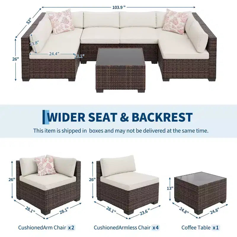 7-Piece Outdoor Wicker Sectional Sofa Set with Washable Cushions and Glass Coffee Table for Patio, Backyard & Poolside